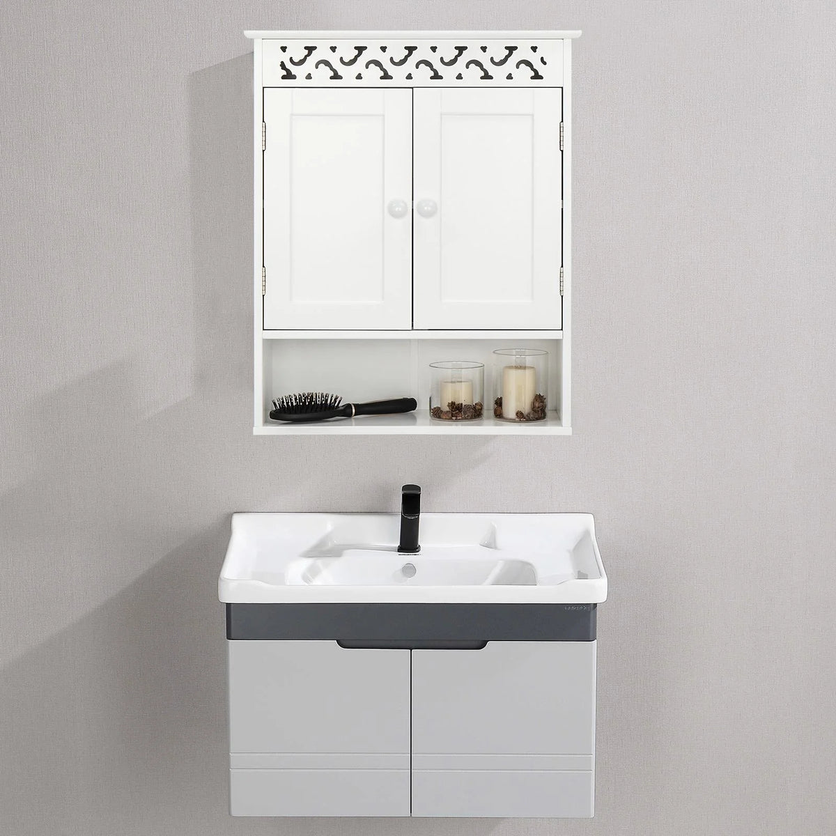 Wall Mounted Medicine Cabinet with Double Doors and Open Shelf B280