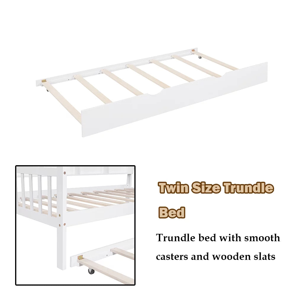 Twin Size Solid Wood House Bed with Trundle and Storage Shelves U865808