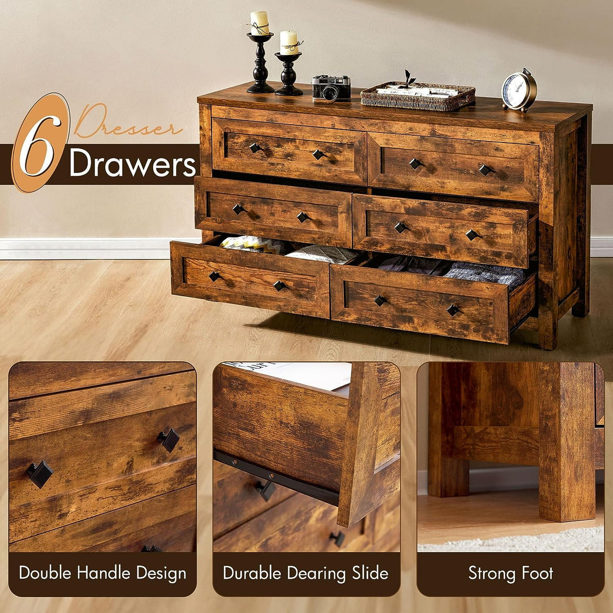 6 Drawer Farmhouse Wood Dresser U8268
