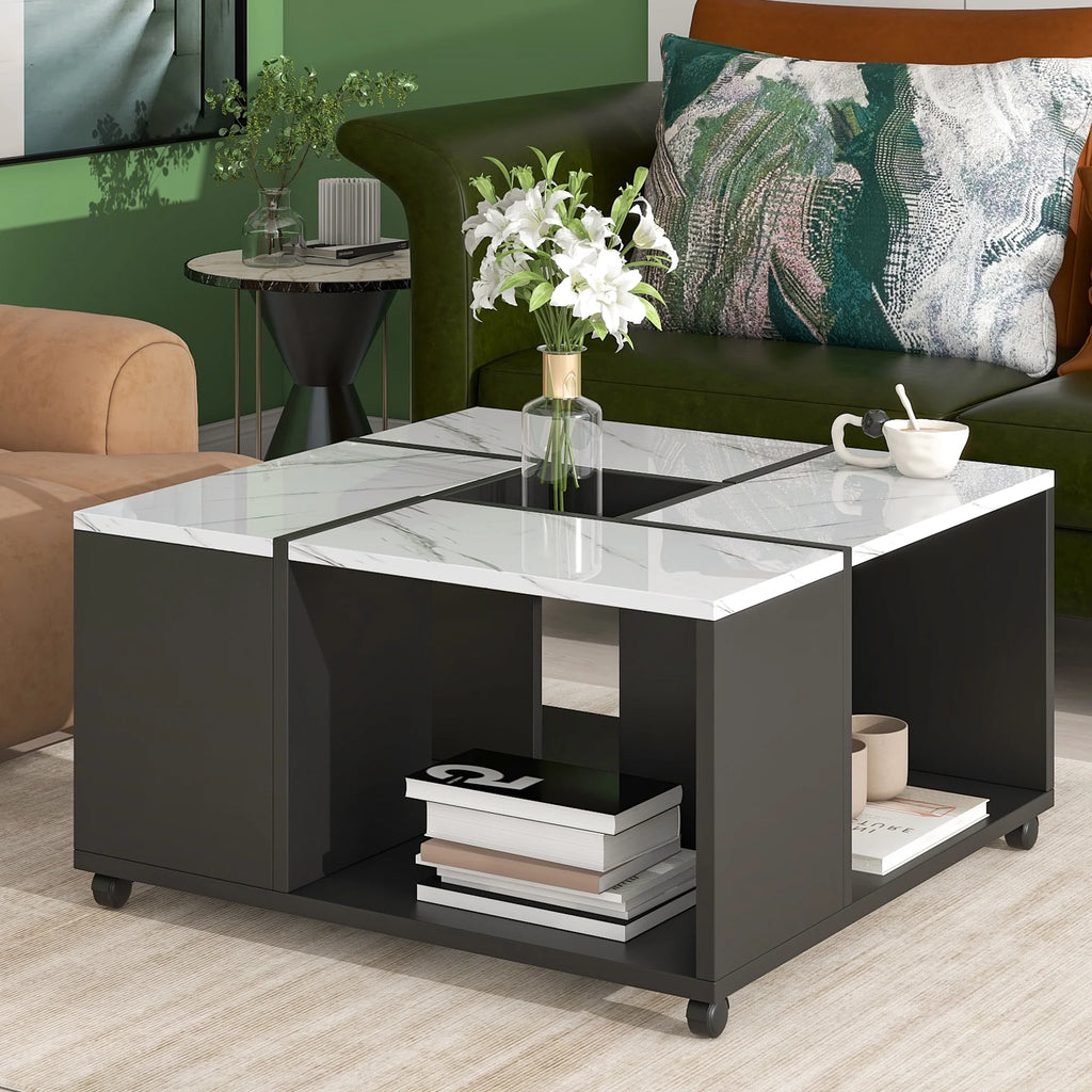 Gloss Coffee Table with Wheels and Marble Top F659