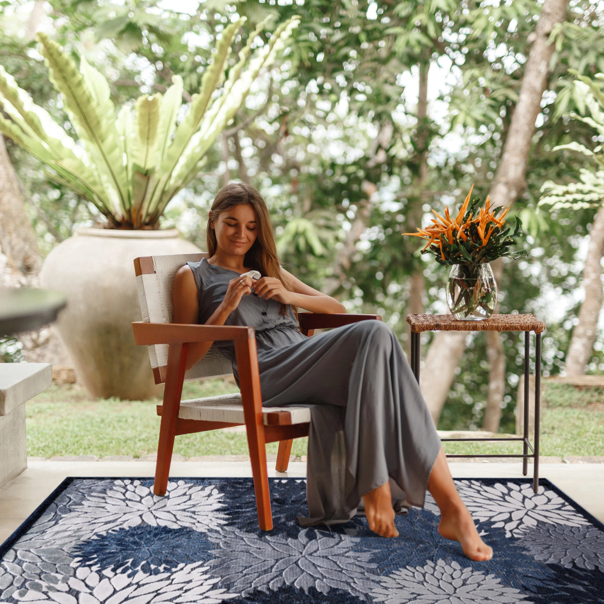 Navy Blue 8x10 Washable Indoor Outdoor Area Rug G7497