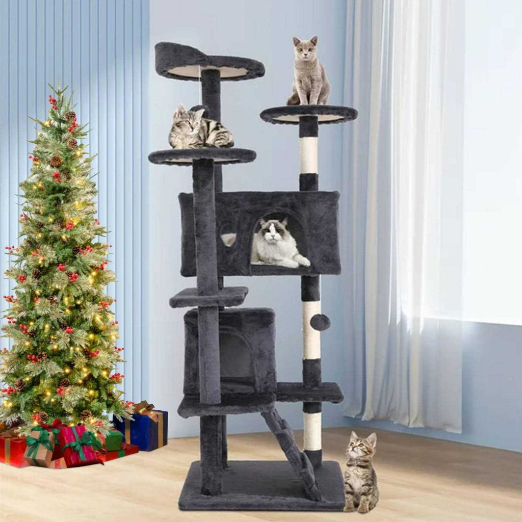 54-in Double Condo Cat Tree Tower Playhouse with Scratching Post & Perch Q20831
