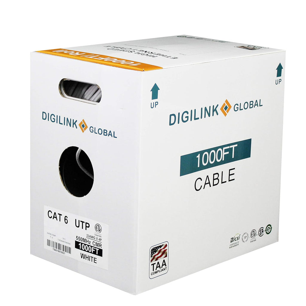Cat6 Riser 1000FT Unshielded 23AWG Solid Bare Copper Bulk Ethernet Cable White W87292