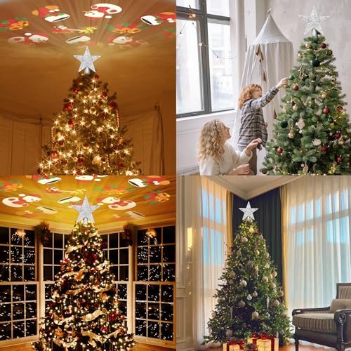 Silver 3D Glitter Lighted Christmas Tree Topper with Rotating LED Lights Y581037