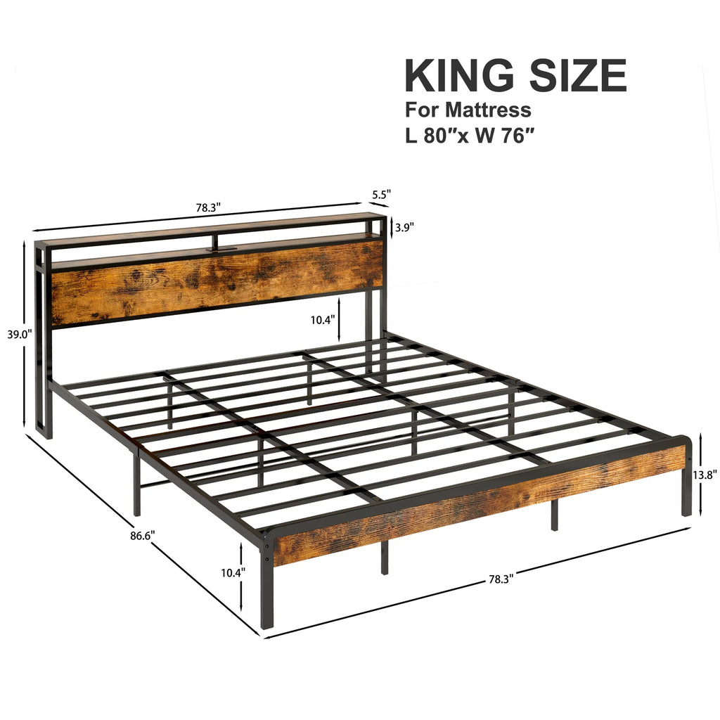King Bed Frame with Storage Headboard and Charging Station P692555