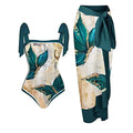Floral Print Bikini Set One Piece Swimsuit with Beach Cover up Wrap Skirt Two Piece Bathing Suit U9268