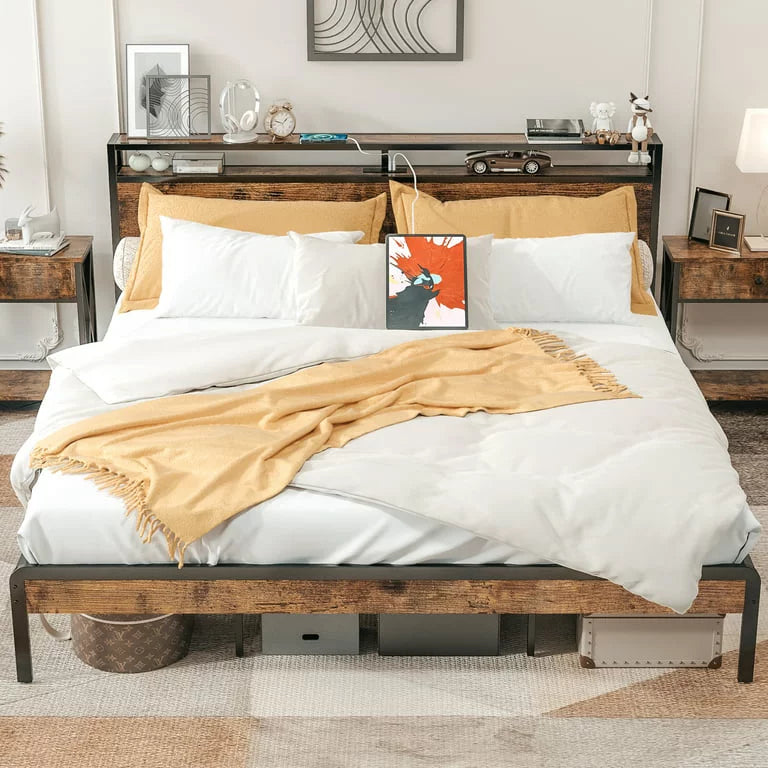 King Bed Frame with Storage Headboard and Charging Station P692555