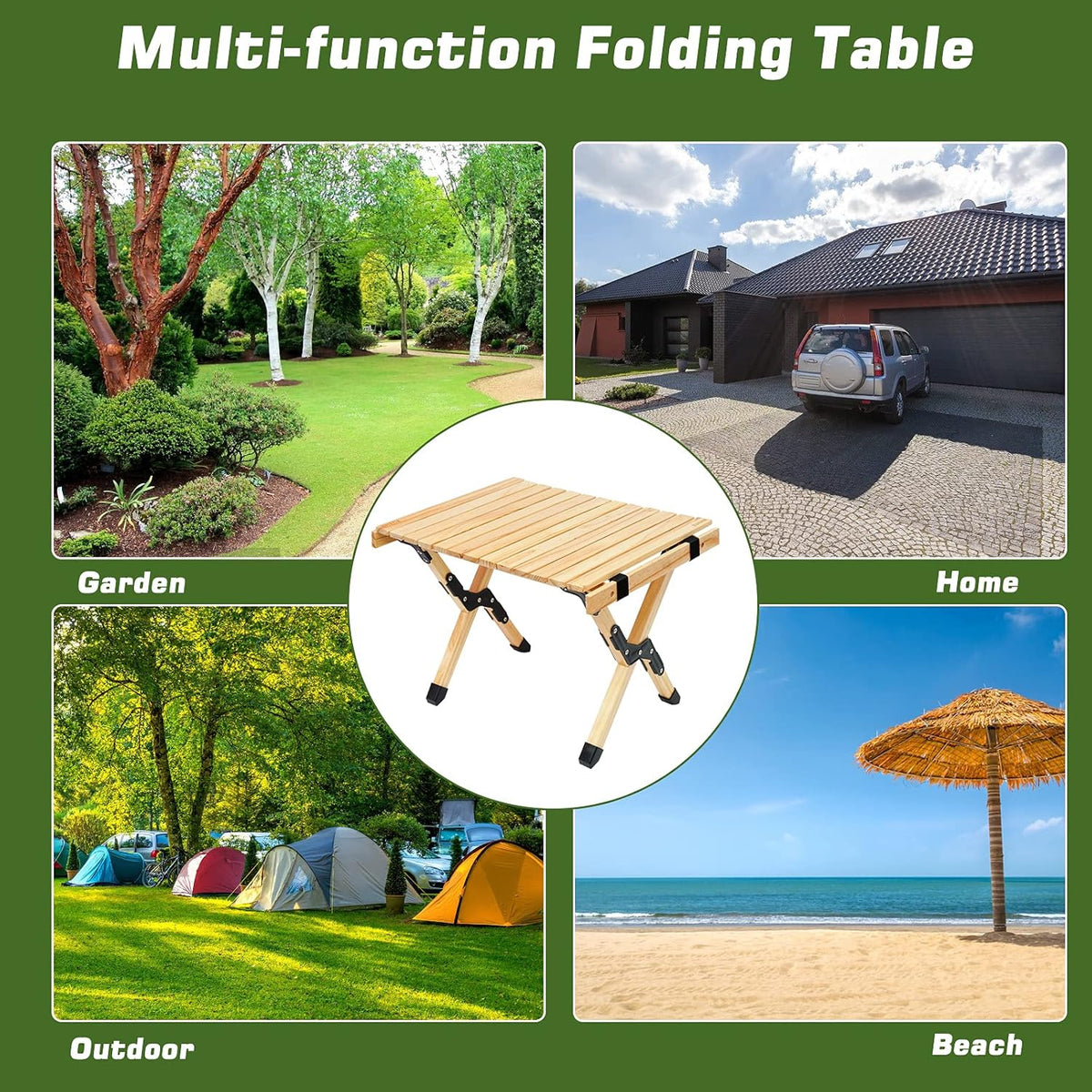 2ft Low Height Portable Folding Wooden Camping Table with Carry Bag W30820