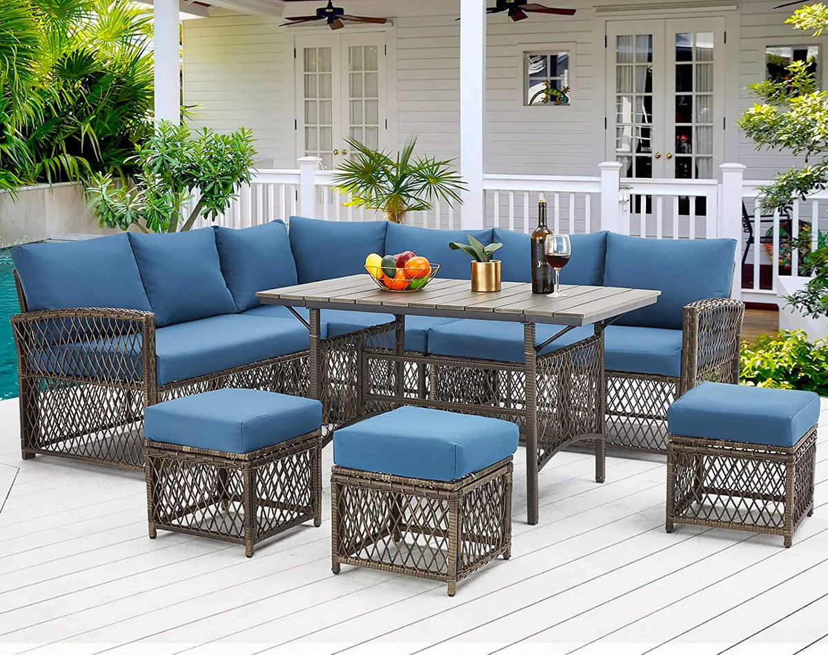 7 Piece Rattan Wicker Sectional Sofa Set with Dining Table & Chair F87660