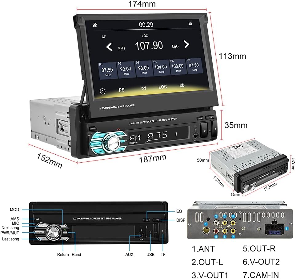 Single Din Car Stereo with CarPlay, 7 Inch Flip Out Touchscreen Car Radio, Bluetooth FM I120