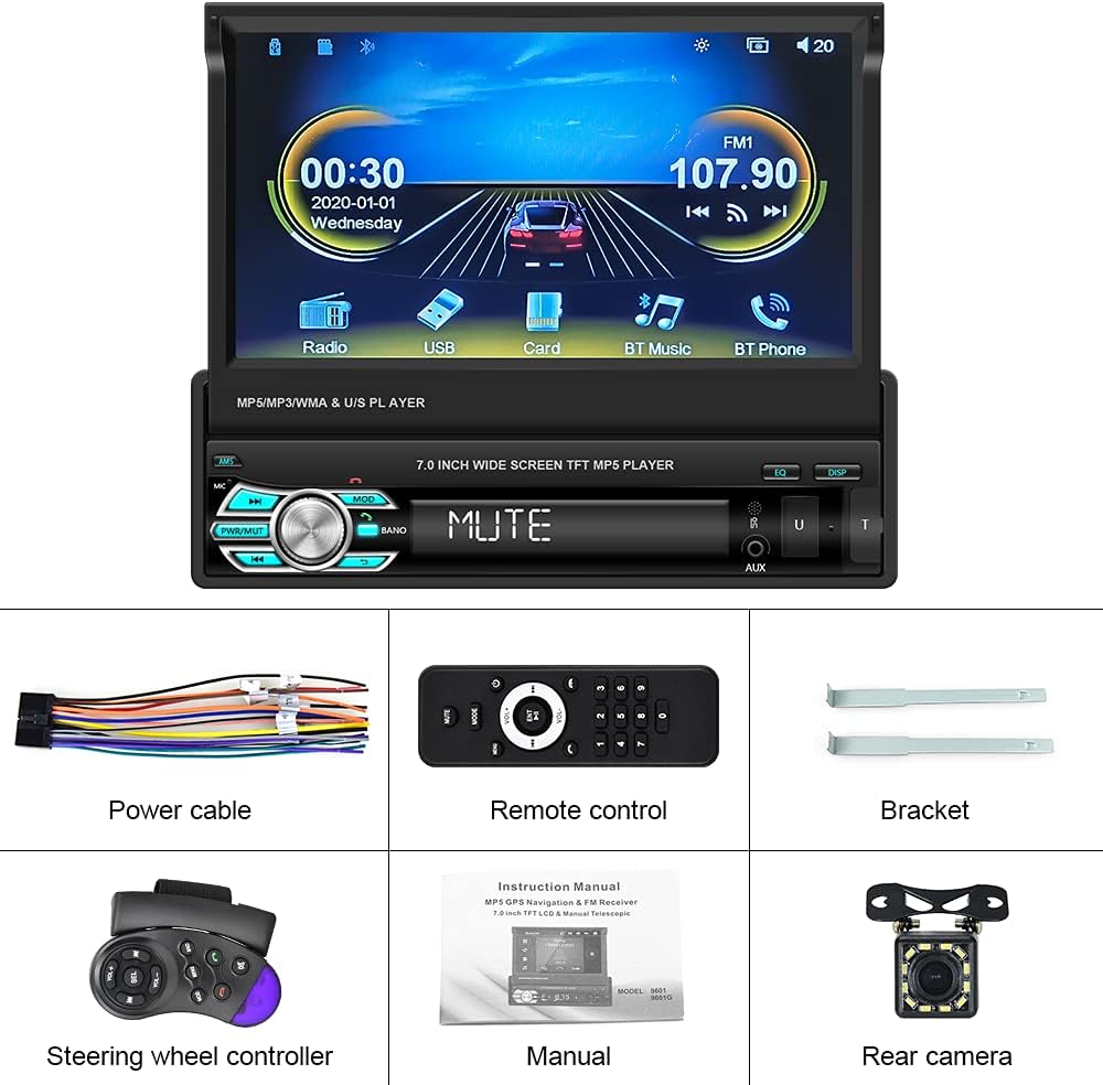 Single Din Car Stereo with CarPlay, 7 Inch Flip Out Touchscreen Car Radio, Bluetooth FM I120