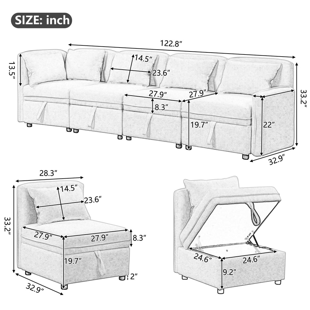 Gray Chenille Fabric 4 Seater Sectional Sofa with 5 Pillows E348