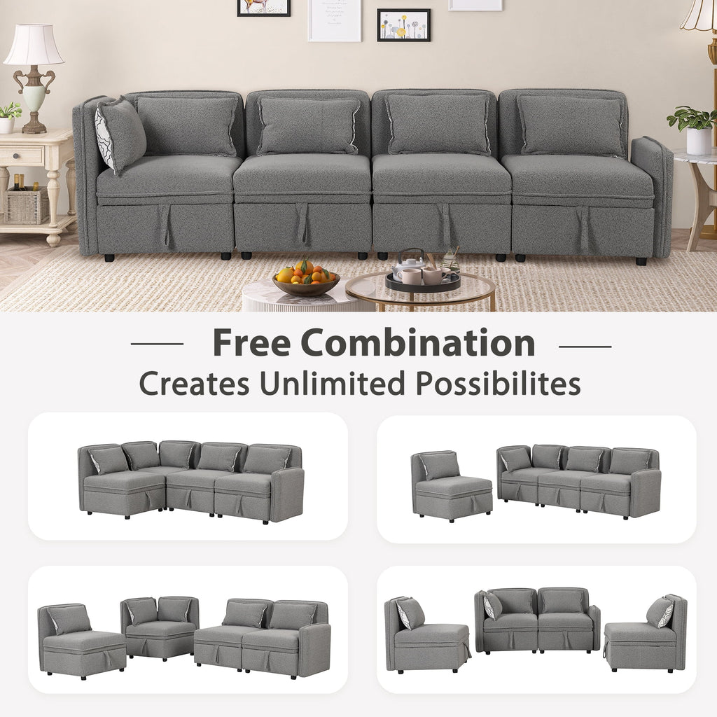Gray Chenille Fabric 4 Seater Sectional Sofa with 5 Pillows E348