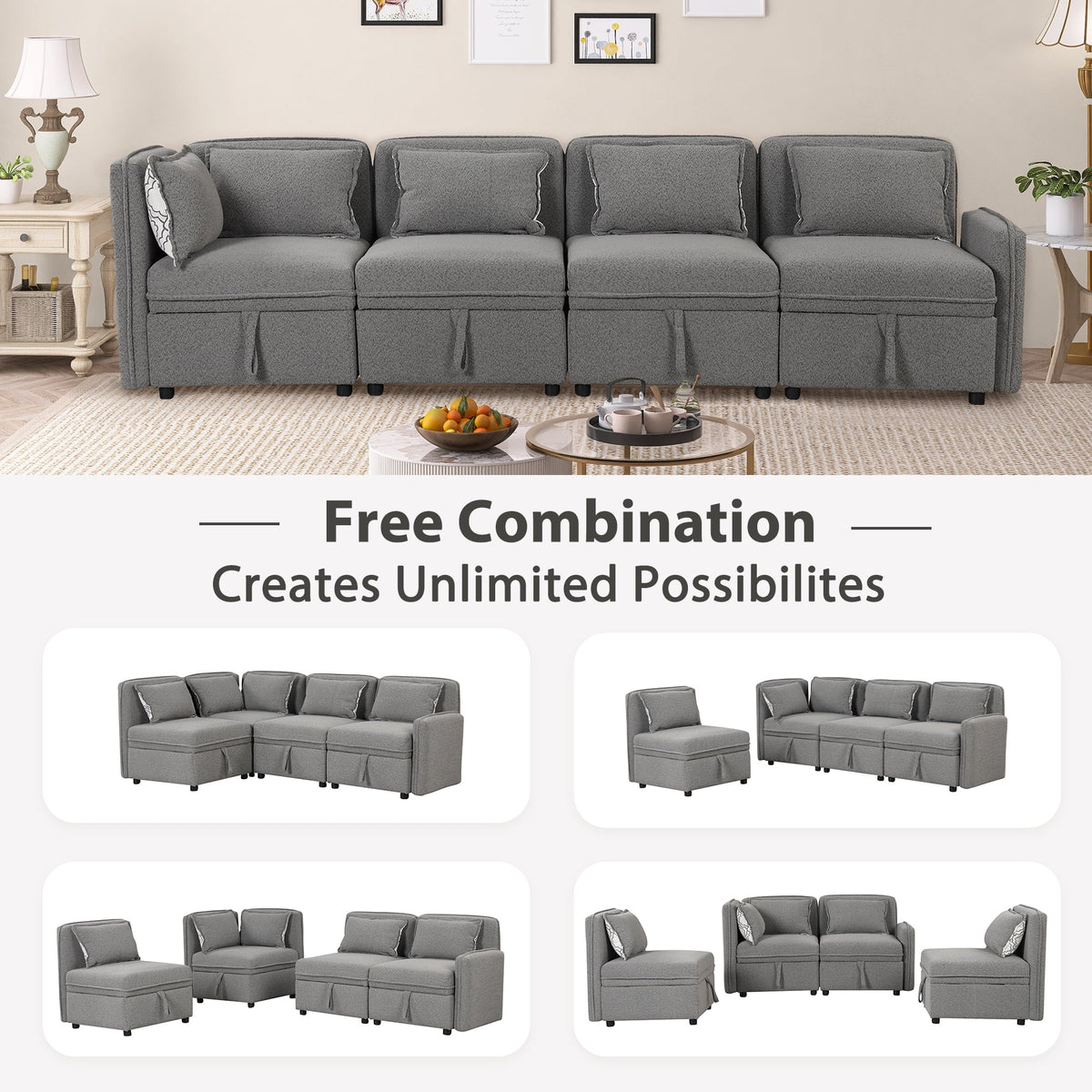 Gray Chenille Fabric 4 Seater Sectional Sofa with 5 Pillows E348