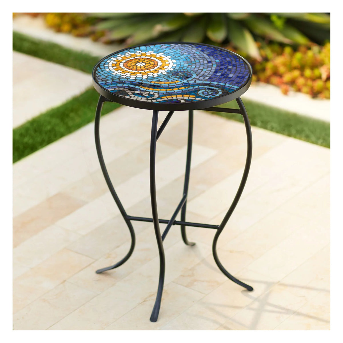 Black Round Outdoor Accent Side Table 14" Wide Mosaic Tabletop S902