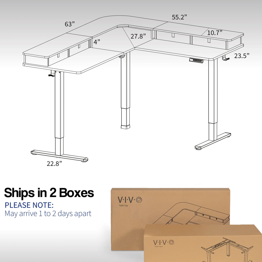 2-Tier 63" x 55" Corner Desk, Dark Walnut Top, Black Frame Y9058