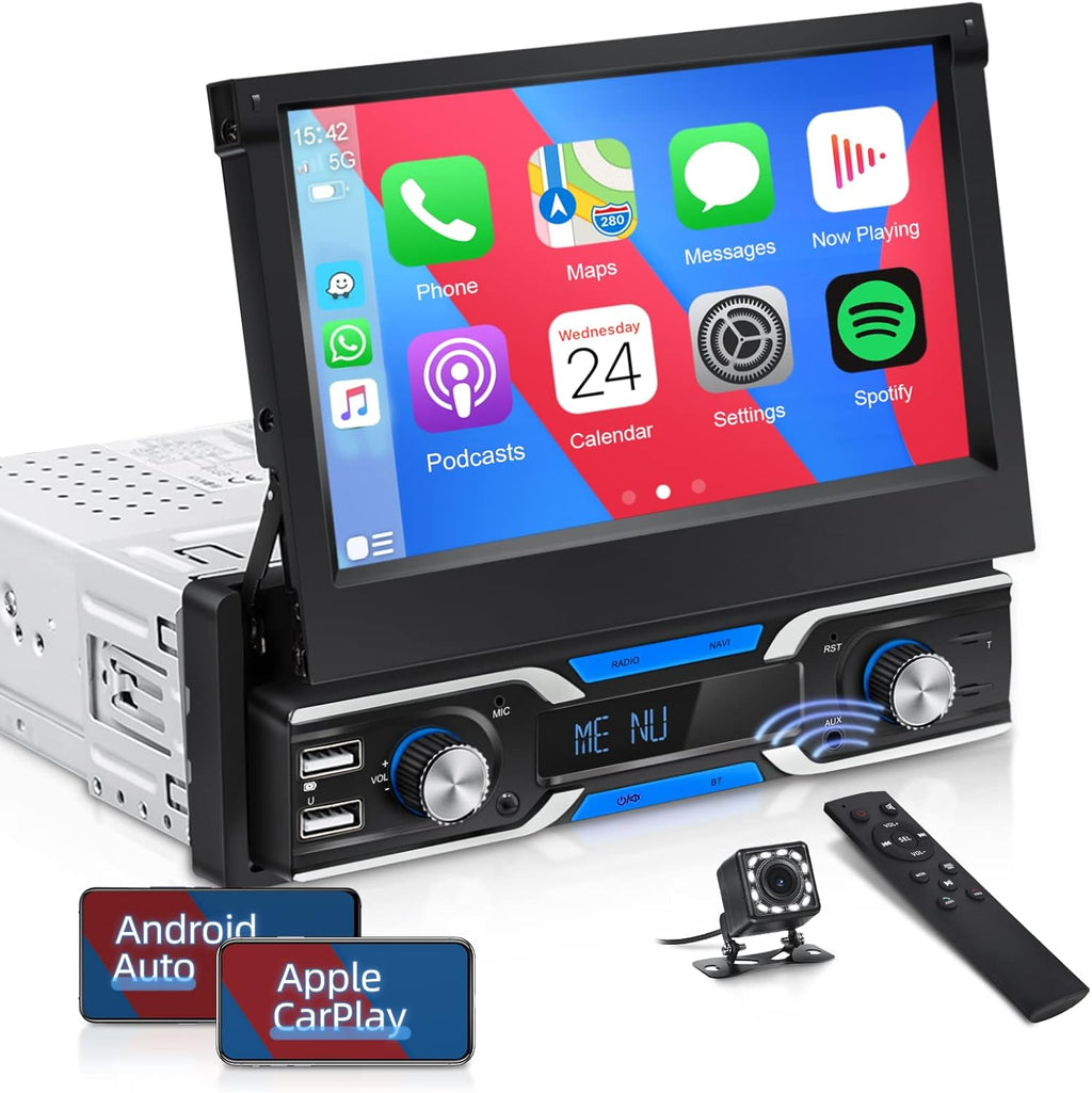 Single Din Car Stereo with CarPlay, 7 Inch Flip Out Touchscreen Car Radio, Bluetooth FM I120