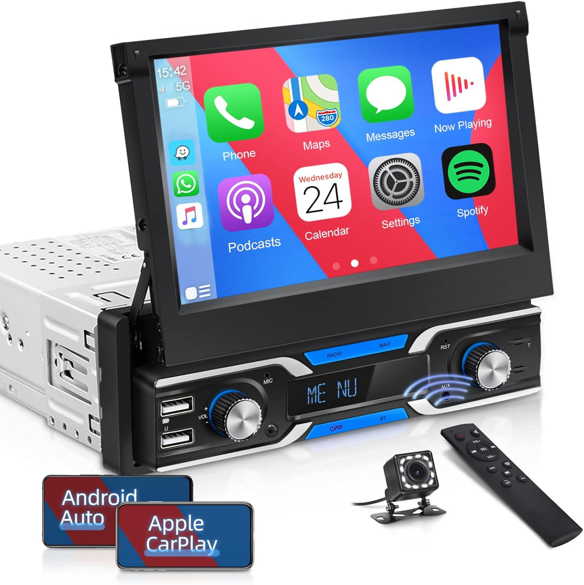 Single Din Car Stereo with CarPlay, 7 Inch Flip Out Touchscreen Car Radio, Bluetooth FM I120