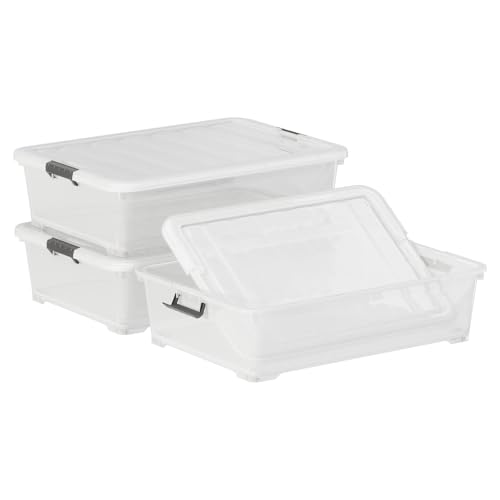50 Quart Clear Plastic Under Bed Storage Box 3-Pack with Wheels M852