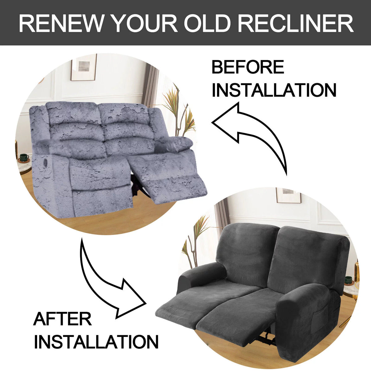 Dark Grey 6 Pieces 2-Seater Non-slip Recliner Loveseat Cover with Pocket Z350138