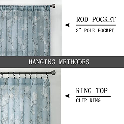 Floral Blue Short Sheer Curtains, 54 x 45 inches, Set of 2 Panels J36253