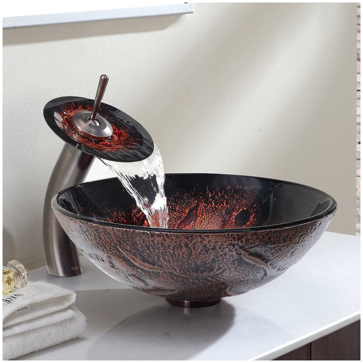 Lava Glass Vessel Sink and Waterfall Faucet Oil Rubbed Bronze Y74582