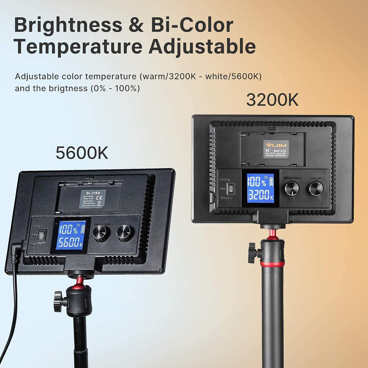 Dimmable Bi-Color LED Video Light with LCD Screen and 28 Extend Stand D634
