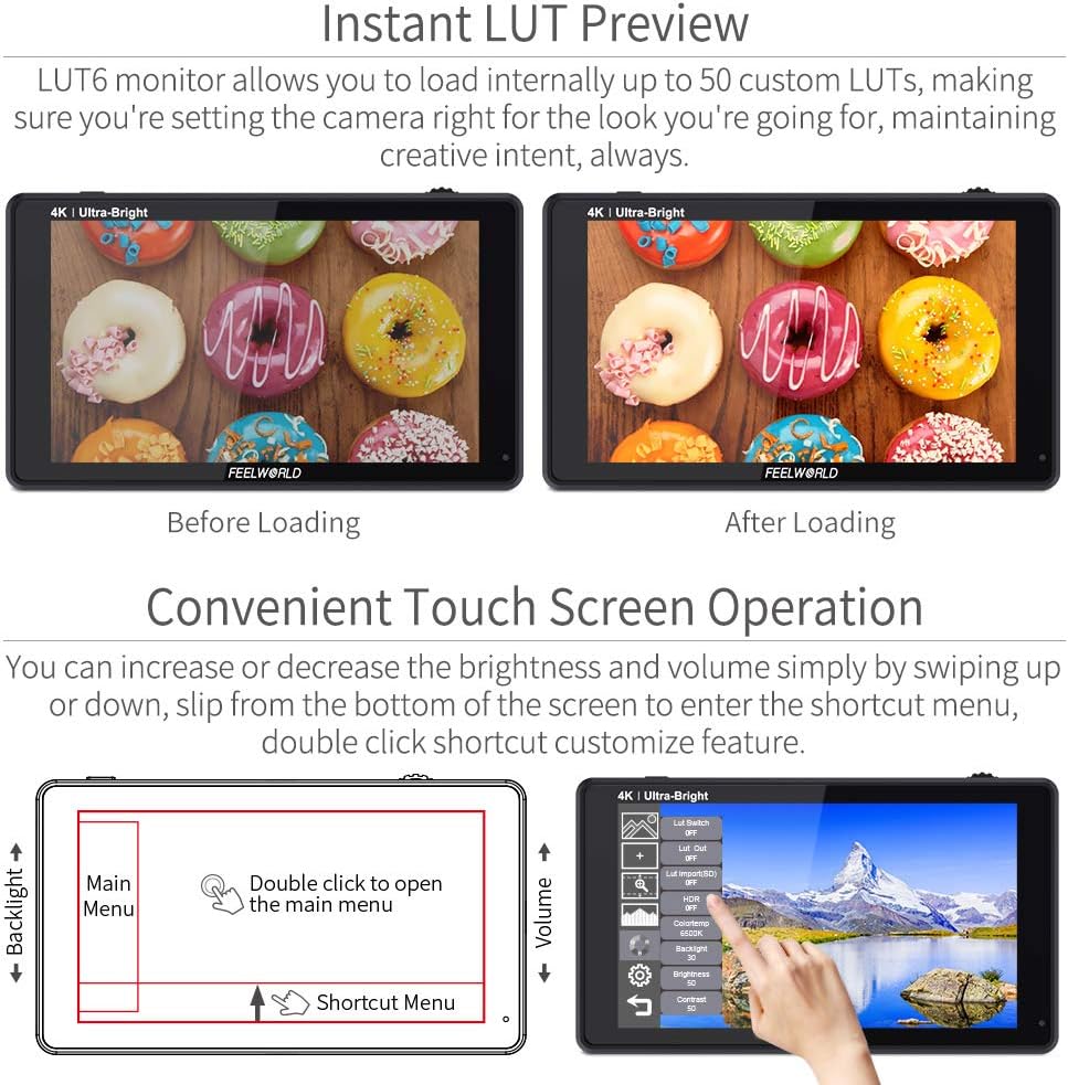 6 Inch 2600nits HDR Touch Screen DSLR Camera Field Monitor 4K HDMI Input Output 1920X1080 A24436