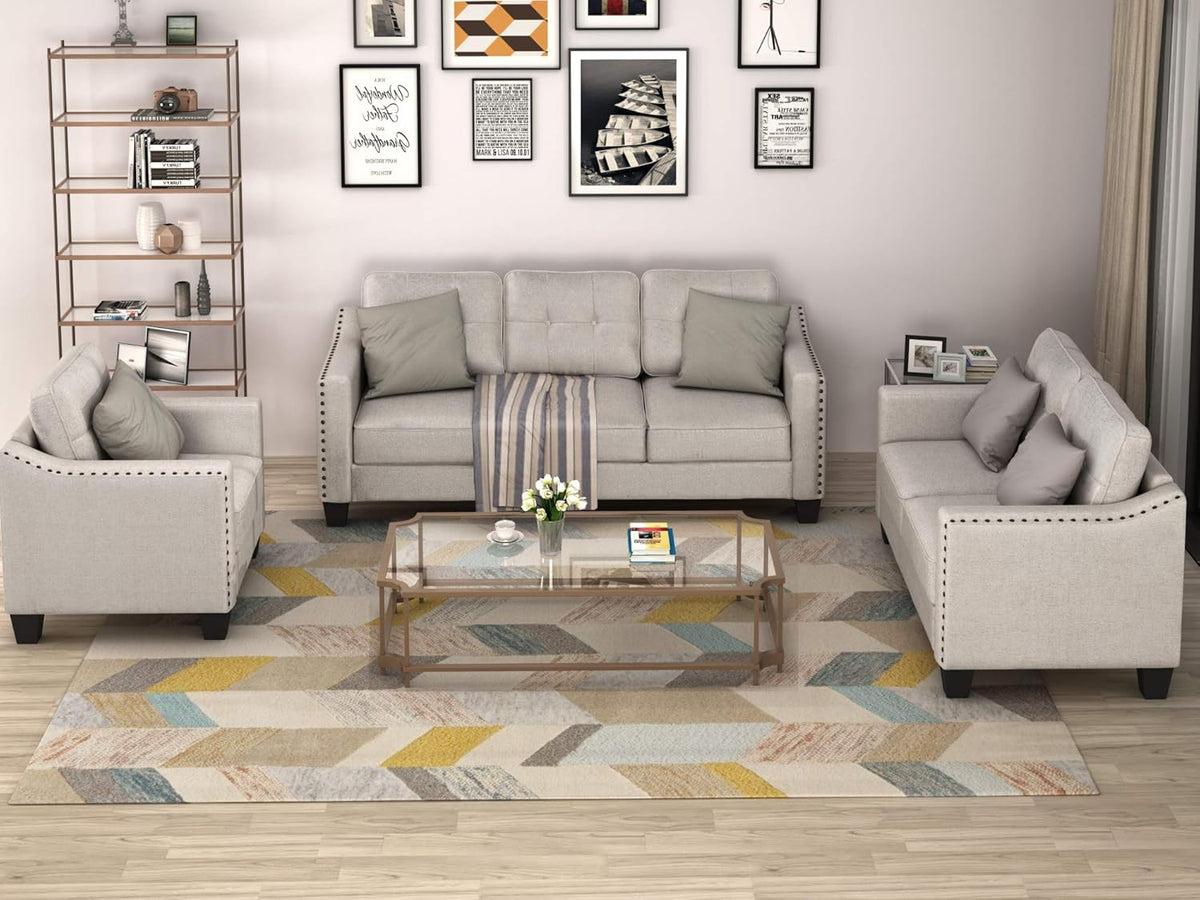 Beige Linen Fabric Sofa and Loveseat Set T377308