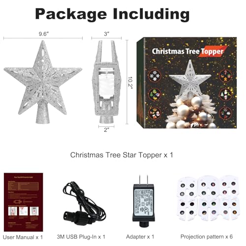 Silver 3D Glitter Lighted Christmas Tree Topper with Rotating LED Lights Y581037