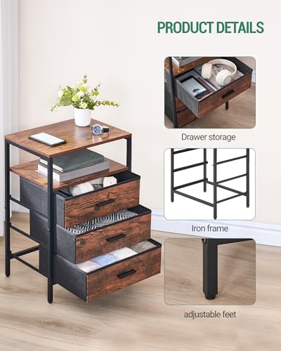 Rustic Brown End Table with 3 Fabric Drawers and Shelves E240