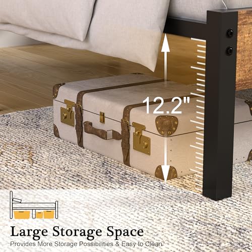 Twin Bed Frame with Wood Storage Headboard & Footboard, Metal Platform, Rustic Brown X109