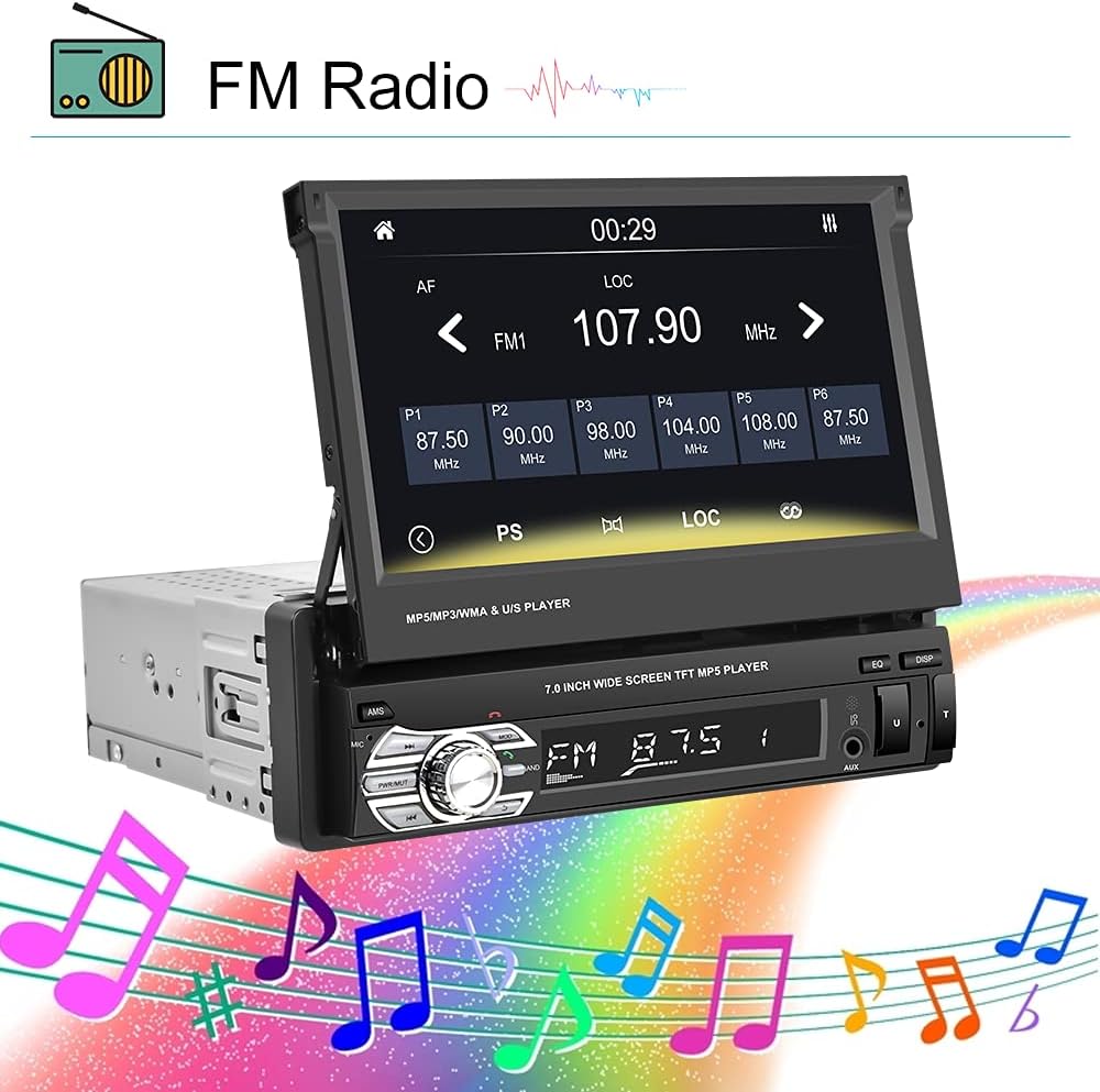 Single Din Car Stereo with CarPlay, 7 Inch Flip Out Touchscreen Car Radio, Bluetooth FM I120