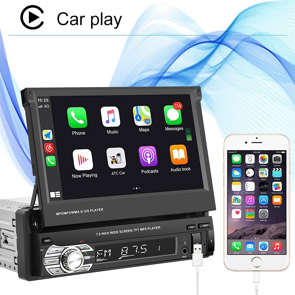 Single Din Car Stereo with CarPlay, 7 Inch Flip Out Touchscreen Car Radio, Bluetooth FM I120
