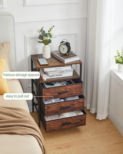 Rustic Brown End Table with 3 Fabric Drawers and Shelves E240