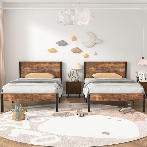 Twin Bed Frame with Wood Storage Headboard & Footboard, Metal Platform, Rustic Brown X109