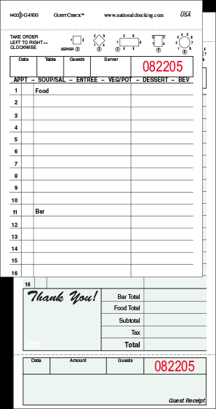 Carbon Backed Guest Check Board - 2 Part Green, 15 Line, 4.20 x 8.25 inch - 2500 per CASE H71867