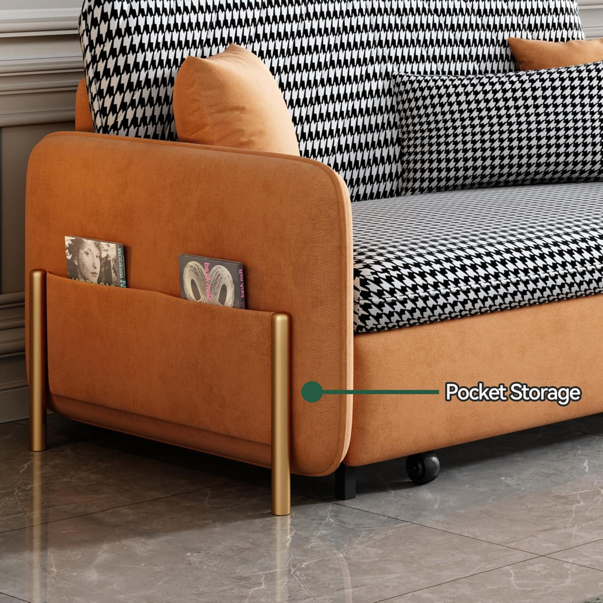Orange Velvet Convertible Sleeper Sofa Bed H4347