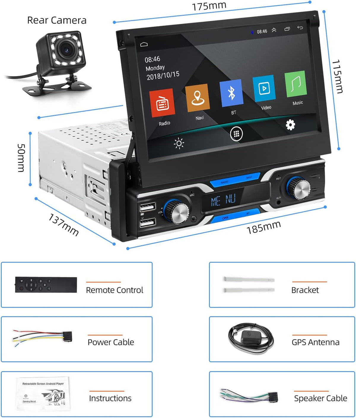 Single Din Car Stereo with CarPlay, 7 Inch Flip Out Touchscreen Car Radio, Bluetooth FM I120