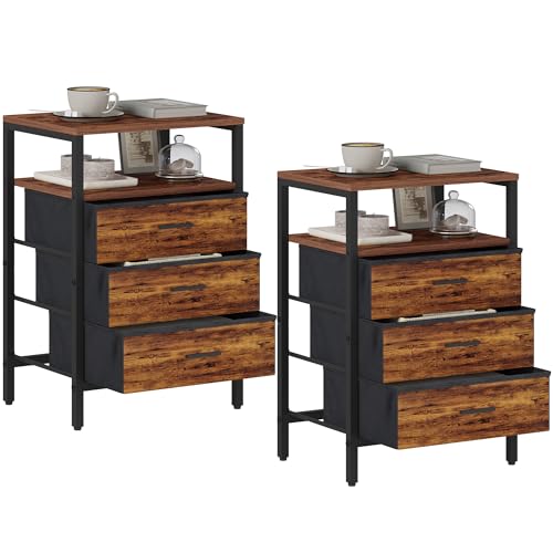 Rustic Brown End Table with 3 Fabric Drawers and Shelves E240