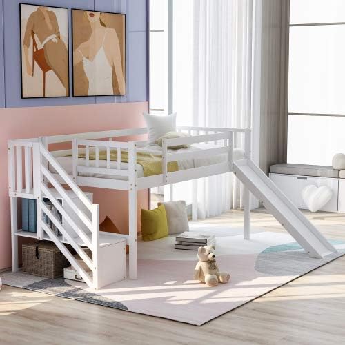 White Twin Size Low Loft Bed with Slide and Staircase E664