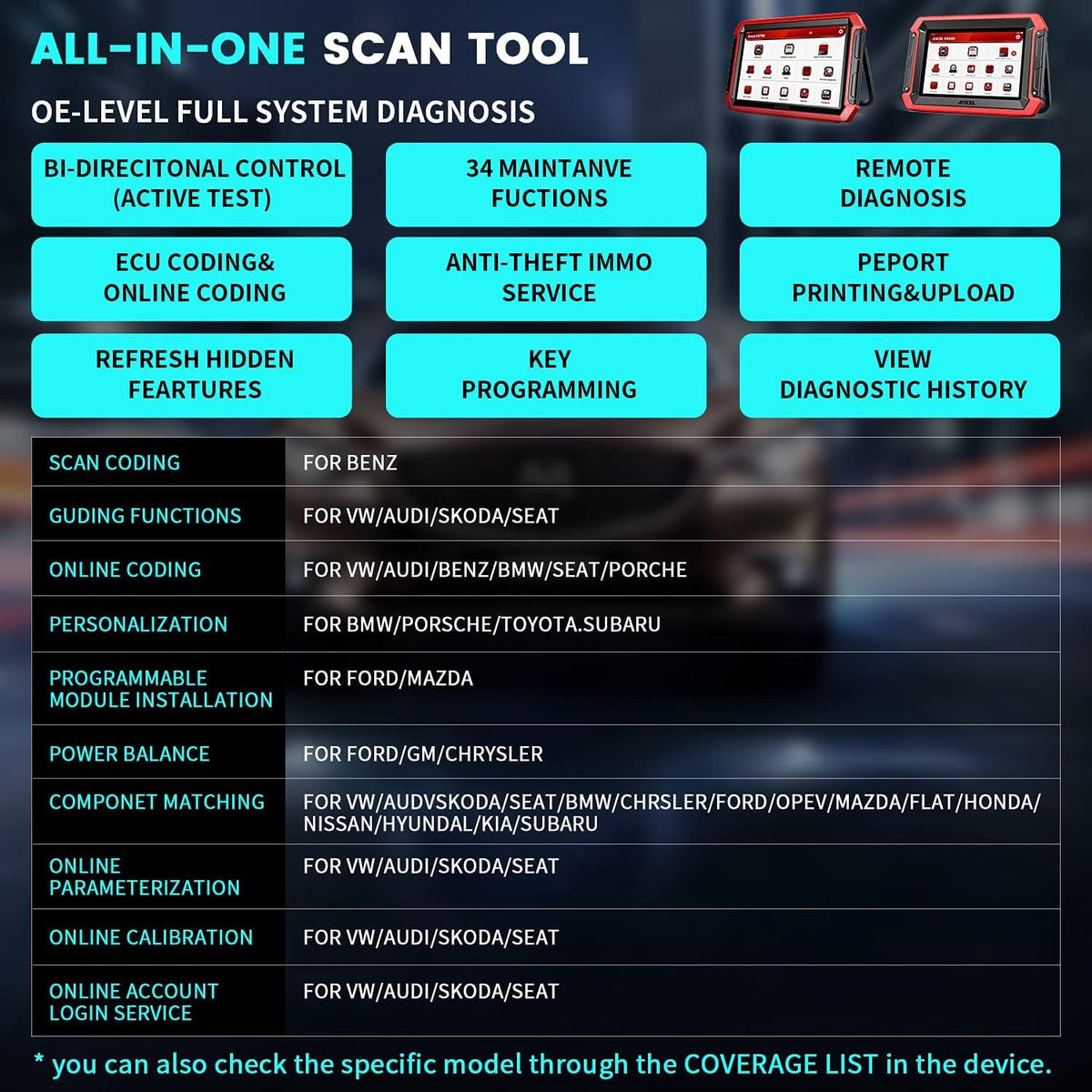 Bidirectional OBD2 Scan Tool with 34+ Services W60998