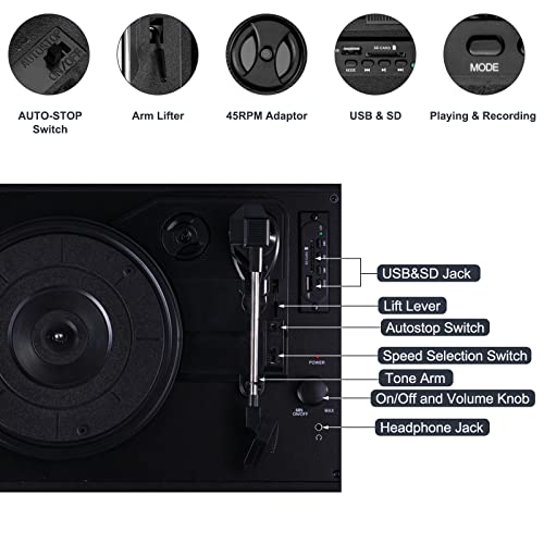 3 Speed Belt-Driven Bluetooth Turntable with Speakers H17508