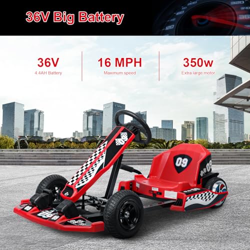 36v Electric Drift Kart with Adjustable Body Length, 3 Speed Mode, 350w Motor, Max Load 187lbs, Max Speed 16 Mph B884