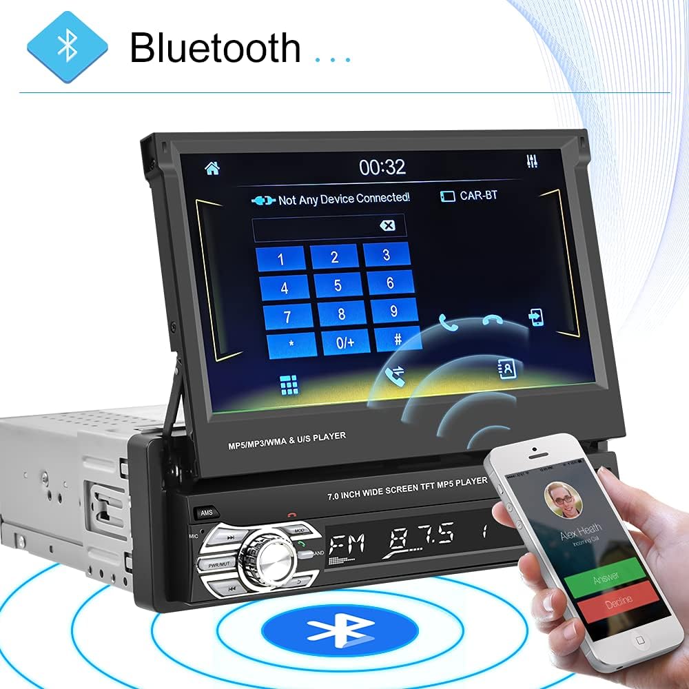 Single Din Car Stereo with CarPlay, 7 Inch Flip Out Touchscreen Car Radio, Bluetooth FM I120