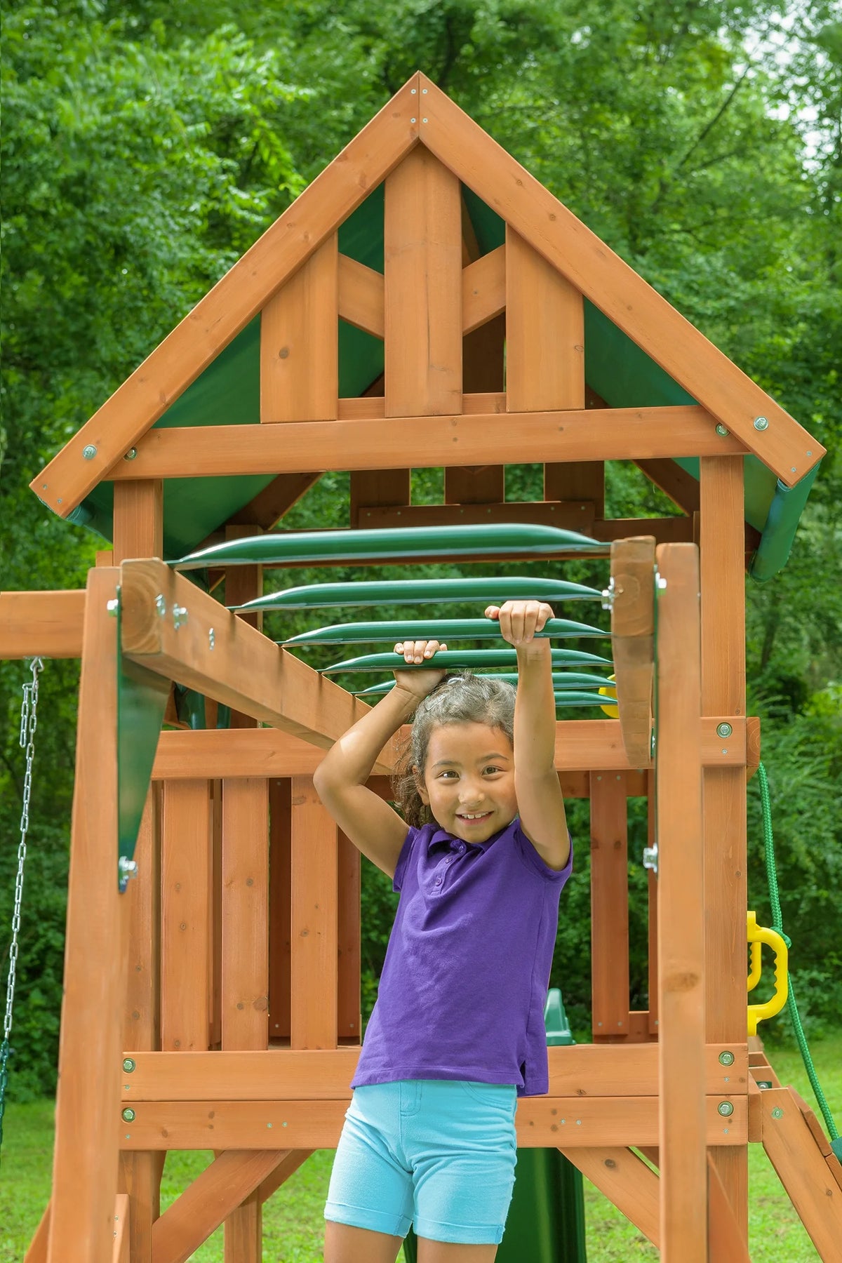 Wooden Swing Sets with Tarp Roof & Green Slide K74848