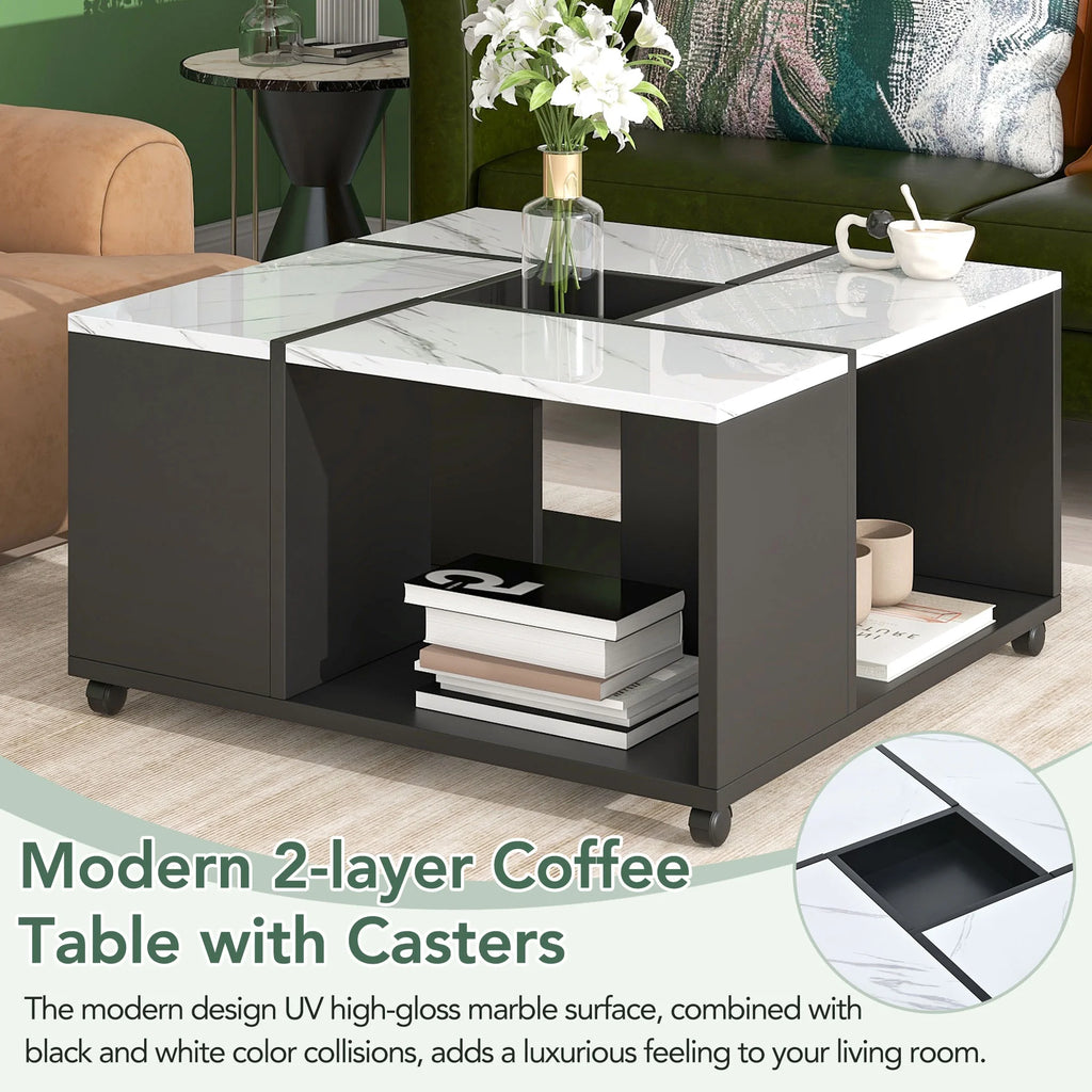 Gloss Coffee Table with Wheels and Marble Top F659