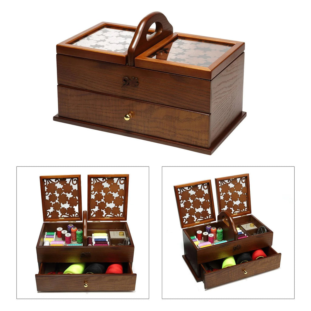 2 Tier Wooden Sewing Basket Jewelry Storage Box Organizer V16145