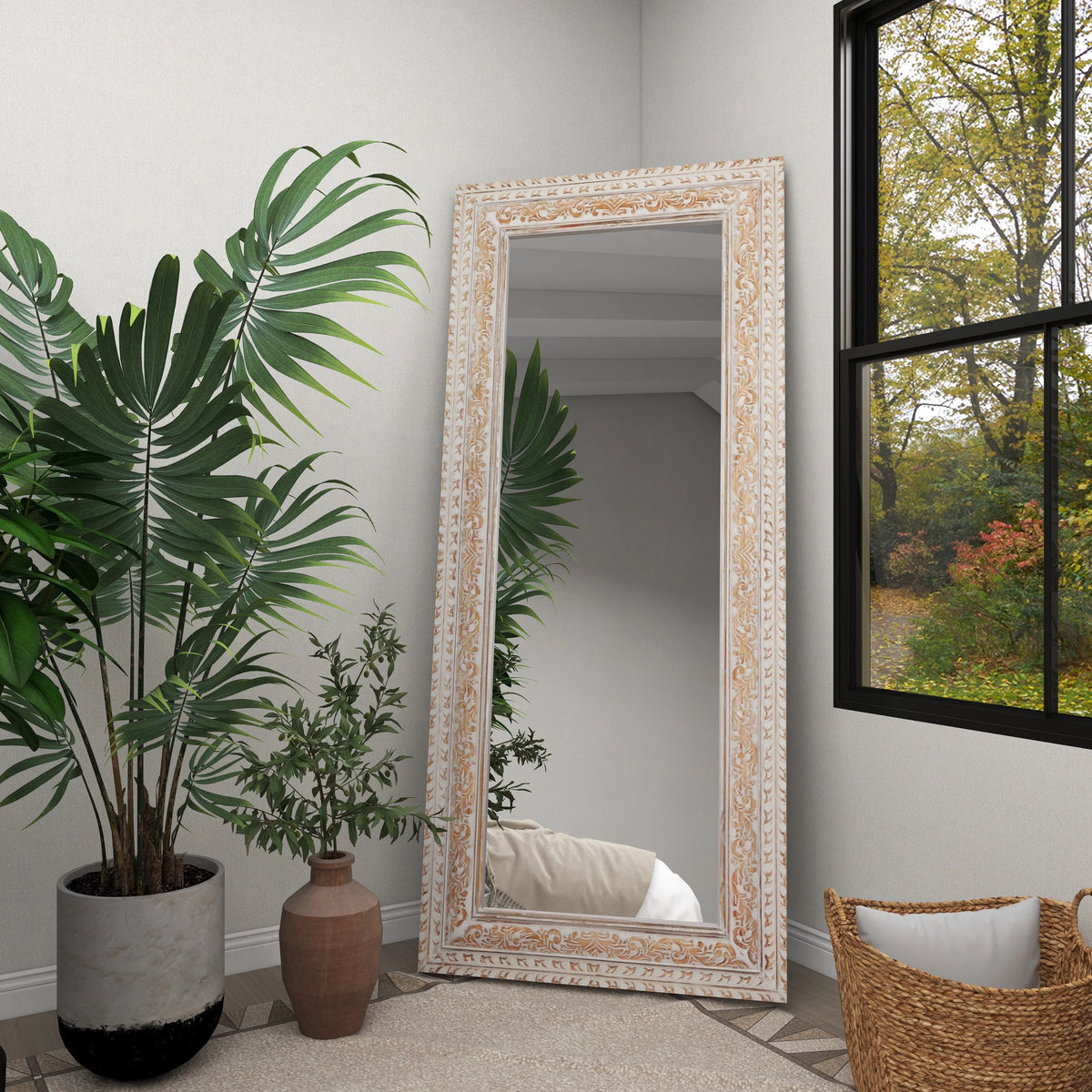 White Carved Floral Wall Mirror B744256