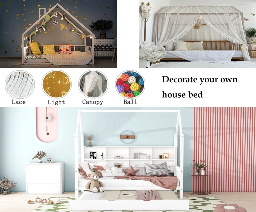Twin Size Solid Wood House Bed with Trundle and Storage Shelves U865808